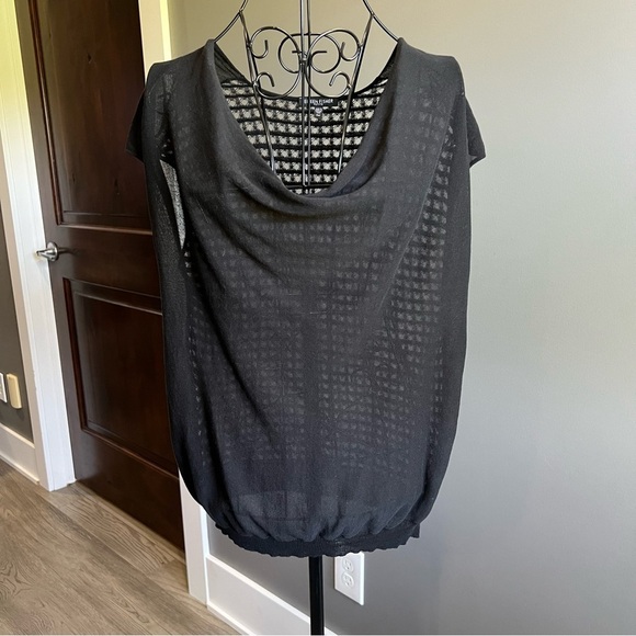Eileen Fisher Black Sheer Waterfall Front with Open Knit back detail Top Blouse - Picture 3 of 10